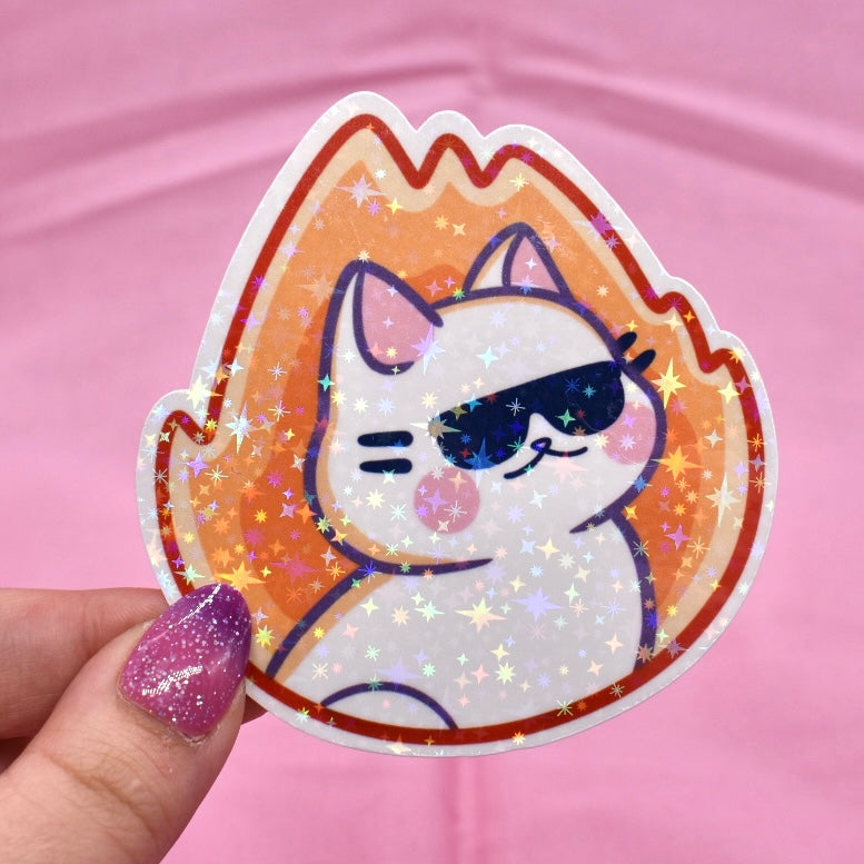 Kitty on fire Holographic Sticker